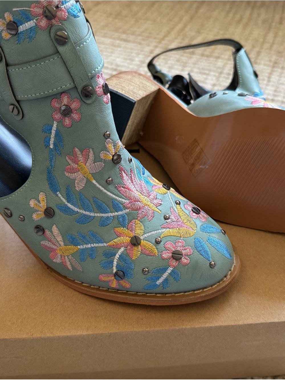 Embroidered Floral Ankle Booties in Teal with Stud Accents - Picture 3 of 3